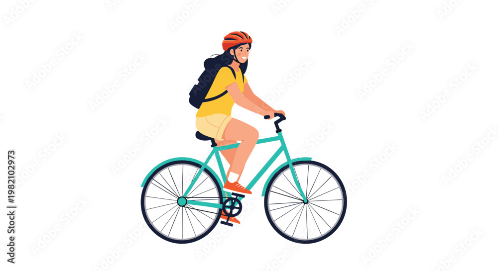 Fototapeta premium Happy girl wearing a safety helmet and a backpack riding a teal bicycle on a white background to promote outdoor exercise and commuting.