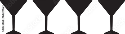 Isolated black and white silhouettes of a clean crystal wine glass set and empty martini cocktail glasses for a bar party celebration beverage