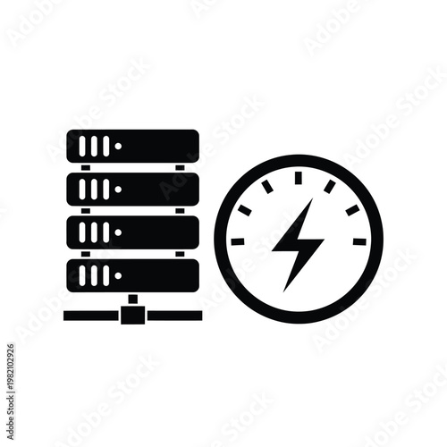 A black outline depicts a stack of server racks alongside a circular gauge displaying a lightning bolt high quality professional