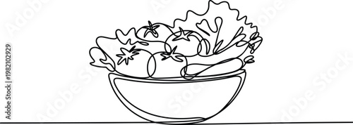 Continuous single line drawing of fresh vegetable salad in bowl representing keto healthy food concept