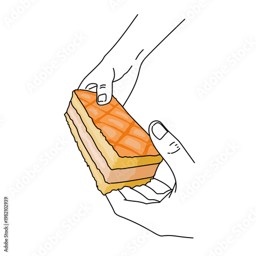 a hand holding a piece of sponge cake with a slice of orange cube. Sweet food illutration
