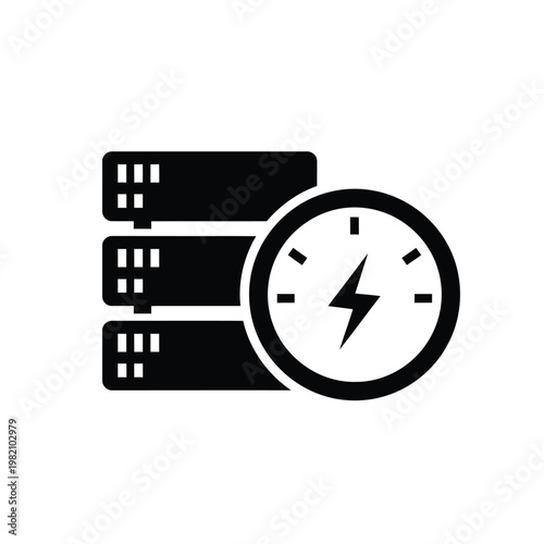 A black and white graphic depicts server racks accompanied by a circular clock icon with a lightning bolt high quality