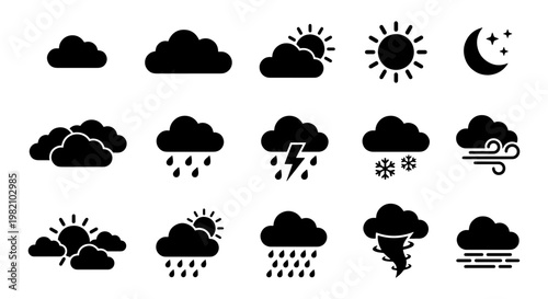 Quadro su tela Weather Icons Set, 15 Black Silhouette Symbols for Forecasting and Climate Condi