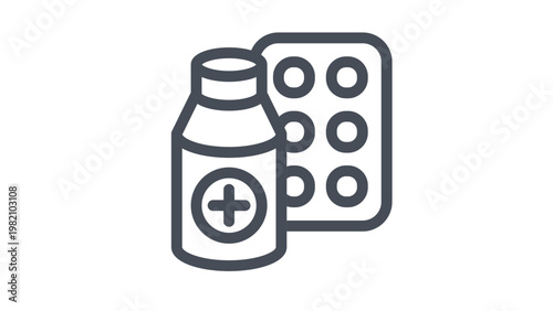 Minimalist black line art vector icon illustration of a medicine bottle with a medical cross symbol and a blister pack of pills, representing healthcare, pharmacy, medication, and first aid.