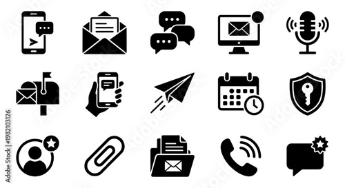 Minimalist communication icons set, black solid vector symbols for business messaging, 15 digital contact and email elements for web interface design