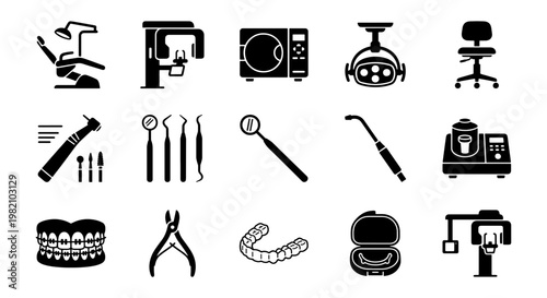 Dental equipment icon set with 15 black vector elements, professional dentistry tools and stomatology clinic symbols, medical oral care icons