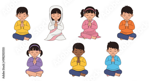 Diverse group of seven children of different ethnicities sitting and praying or meditating in a peaceful pose together.