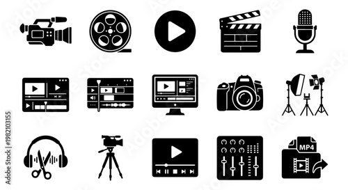 Video production icon set, 15 black movie making symbols, cinema equipment and film editing vector elements for multimedia projects