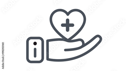 Healthcare and medical support vector icon illustration featuring a hand holding a heart with a plus sign, symbolizing charity, donation, health insurance, wellness, and life protection.