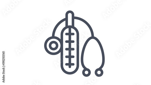 Minimalist medical diagnostic tools vector icon featuring a thermometer and stethoscope, black line art illustration for healthcare, clinical checkup, and fever monitoring concepts.
