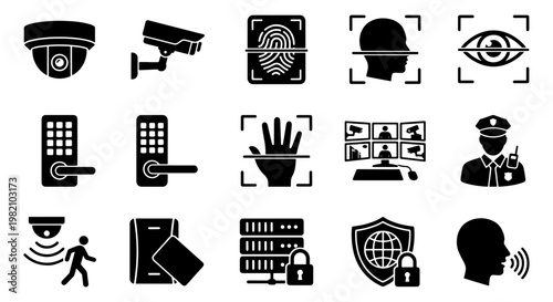 Security and surveillance icon set, biometric identification and CCTV camera vector symbols, 15 black solid icons for home safety and data protection