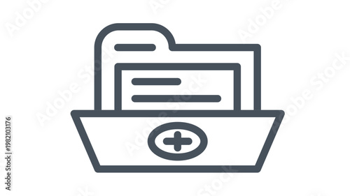 Medical record folder icon with documents and a plus symbol, representing patient healthcare files, clinical data storage, and medical history management, black vector illustration on white.