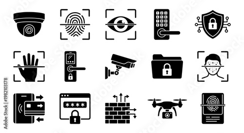 Security and biometric identification icon set, 15 black solid vector elements, surveillance and data protection symbols for digital privacy and safety
