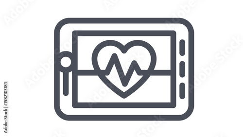 Minimalist black vector icon of a digital tablet displaying a heart with an EKG heartbeat line, representing mobile healthcare, telemedicine, heart rate monitoring, and medical technology.