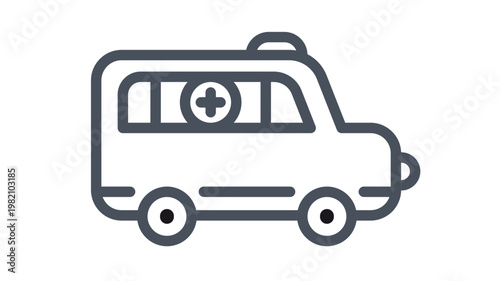 Minimalist black line art vector icon of an ambulance emergency vehicle with a medical cross symbol on the side, ideal for healthcare, first aid, and hospital-related graphic design projects.