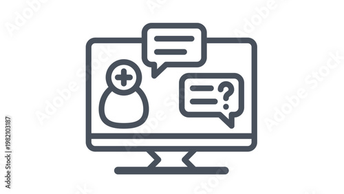 Telemedicine and online medical consultation vector icon illustration featuring a computer monitor with a doctor silhouette, speech bubbles for communication, and a question mark for support.