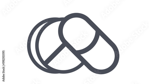 Minimalist black vector icon of a round scored pill and a capsule medication symbol, ideal for healthcare, pharmacy, and medical design projects, clean line art illustration on white background.