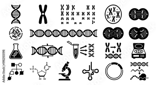 Genetics and DNA research vector icon set, black and white biology symbols, 20 scientific elements for laboratory and medical education