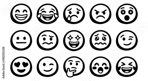 Minimalist emoji icon set with 15 black and white emoticons, expressive line art face symbols, modern vector smileys for digital communication