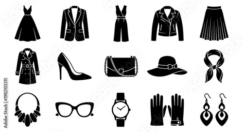 Fashion clothing and accessories icon set, 15 black silhouette vector elements, female apparel and jewelry collection for retail and style design