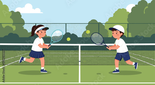 Young boy and girl play a competitive match of tennis on an outdoor court with green trees and blue sky background.
