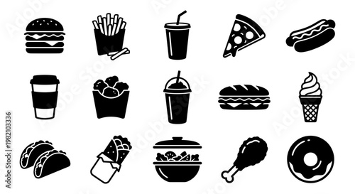 Fast food icons set, black silhouette junk food symbols, collection of 15 restaurant menu vector elements, takeaway meal and drink graphics