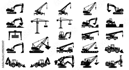 Heavy construction machinery silhouettes, set of 20 industrial equipment icons, excavator and crane vector illustrations for building site logistics