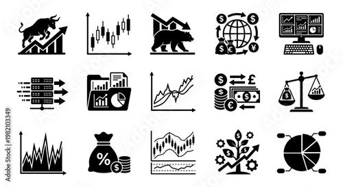 Stock market icons set, financial trading and investment graphics, 15 black vector pictograms for business data analysis and global economy