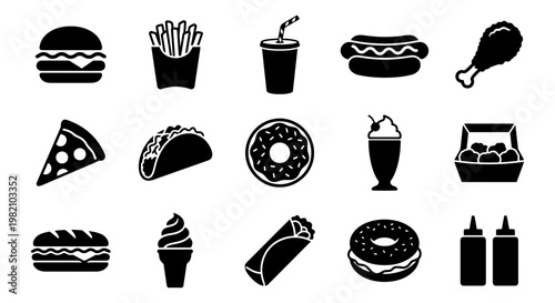 Fast food icon set with 15 black vector elements, junk food silhouettes for restaurant menus, burger pizza and snack symbols on white background