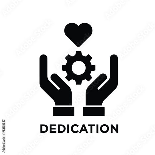 A minimalistic black icon depicts hands cradling a gear with a heart floating above it symbolizing dedication high quality professional