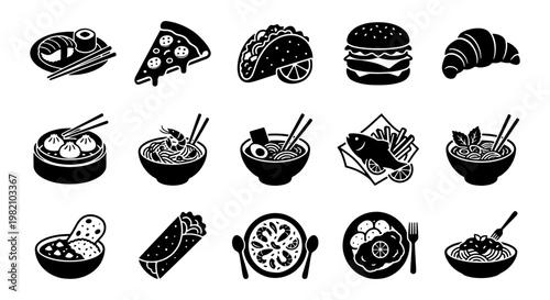Black food icon set with 15 vector elements, minimalist fast food and international cuisine symbols, solid silhouette restaurant menu graphics