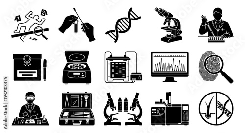 Forensic science icons set, 15 black vector elements for crime scene investigation, laboratory equipment and DNA analysis symbols