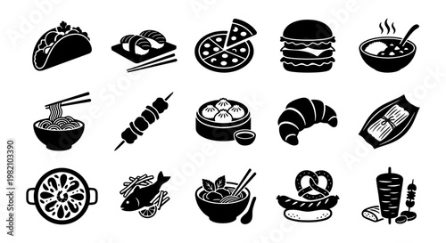 Fast food icon set with 15 black vector elements. International cuisine symbols for restaurant menus. Street food illustrations including pizza, sushi, and burgers.