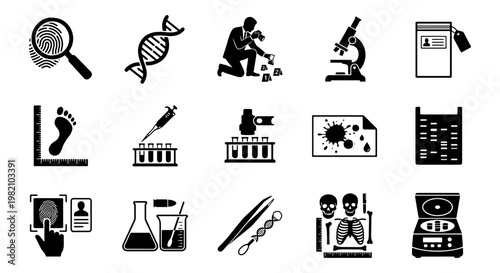 Forensic science and criminology icon set, 15 black vector symbols for crime scene investigation, laboratory research and evidence analysis