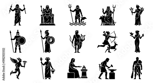 Ancient Greek gods and goddesses vector icons set, Olympian deities black silhouettes, 15 classical mythology characters for history education