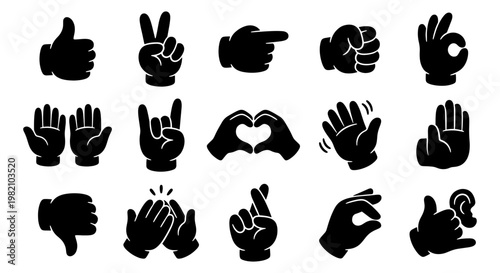 Cartoon hand gestures collection, 15 black silhouette gloved hand icons, comic style finger signs and palm symbols for social media and UI