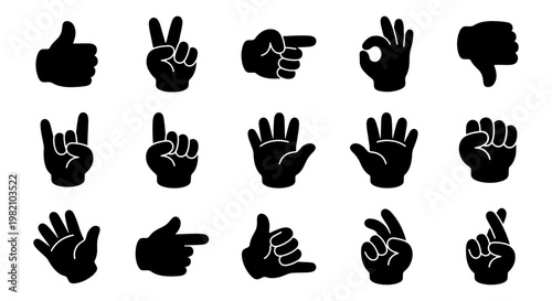 Cartoon hand gestures silhouette set, 15 black glove icons with thumbs up and pointing fingers, comic style hand signs vector collection