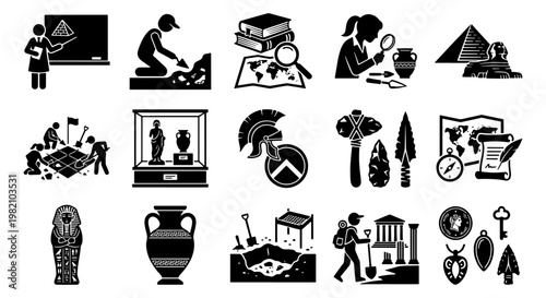 Archaeology and history icon set, 15 black vector pictograms of ancient civilizations, archaeological excavation and museum artifacts collection