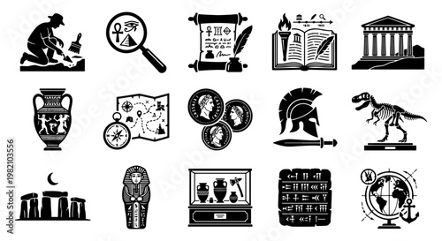 Archaeology and history icon set, 15 black vector elements of ancient civilizations, museum artifacts and archaeological research symbols