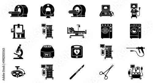 Medical equipment icons set, professional hospital diagnostic tools and surgical instruments, 20 black vector silhouettes for healthcare design