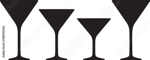 A transparent glass of wine and champagne alongside a crystal martini cocktail on a black background for a party celebration drink with liquid reflection