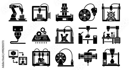 Industrial 3D printer icons set, 15 additive manufacturing vector elements, professional rapid prototyping equipment and robotic arm symbols