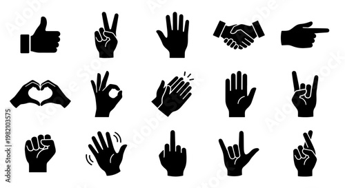 Black hand gesture icons set, 15 vector human hand signs and communication symbols, minimalist palm and finger silhouettes for web design