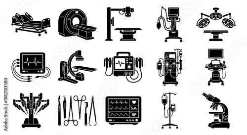 Medical equipment icons set, 15 black hospital device vectors, surgical tools and diagnostic machines for healthcare clinic infographics