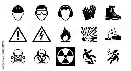 Industrial safety icons set, personal protective equipment and hazard warning symbols, black silhouette occupational health and safety vector elements