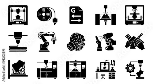 3D printing icons set, additive manufacturing technology symbols, industrial robotic arm and laser cutting vector elements, 15 black solid icons