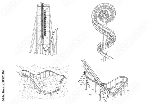 Intricate roller coaster and slide structural designs in wireframe form