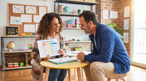 Parents meeting with teacher in colorful classroom discussing child's progress and development with calendar