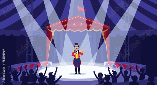 Charismatic circus ringmaster performs on center stage under bright spotlights with an excited audience cheering in the dark.