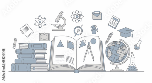 Open book surrounded by educational and science icons, representing learning and academic knowledge in bright studio.